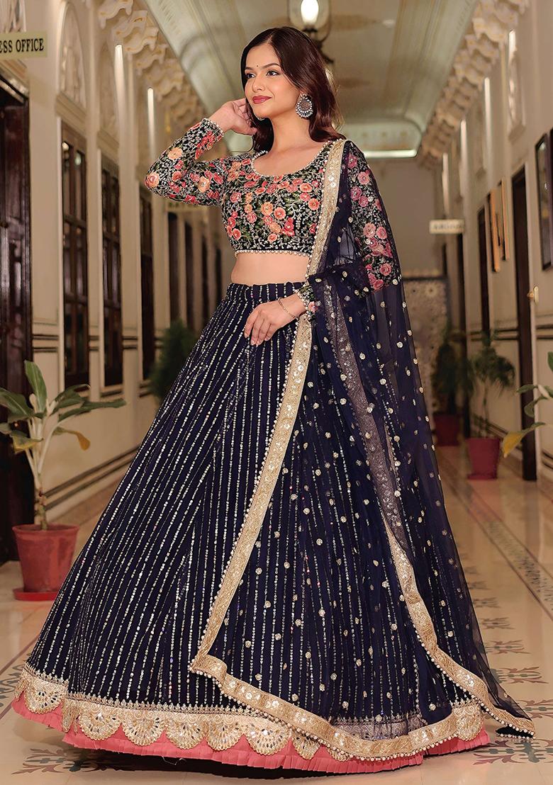 Blue Embroidered Net Lehenga Set - Indya