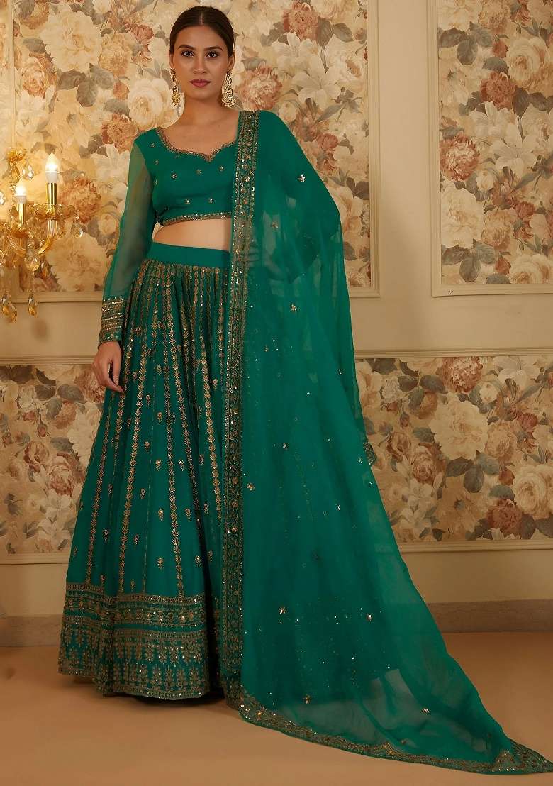 Green Embroidered Organza Lehenga Set for Diwali and Festive Wear - Indya