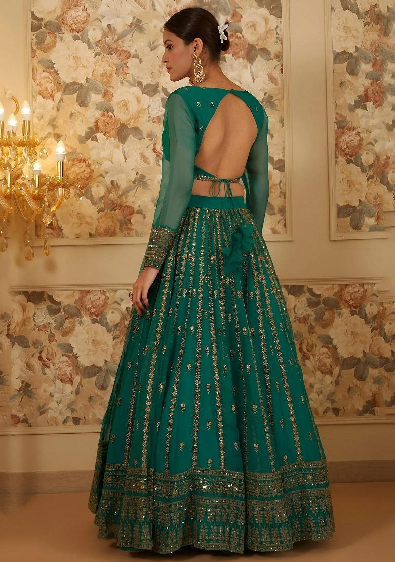 Green Embroidered Organza Lehenga Set - Indya
