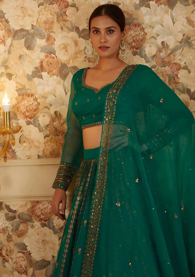 Green Embroidered Organza Lehenga Set for Diwali and Festive Wear - Indya
