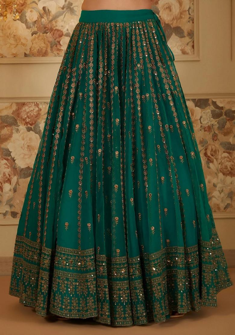 Green Embroidered Organza Lehenga Set - Indya