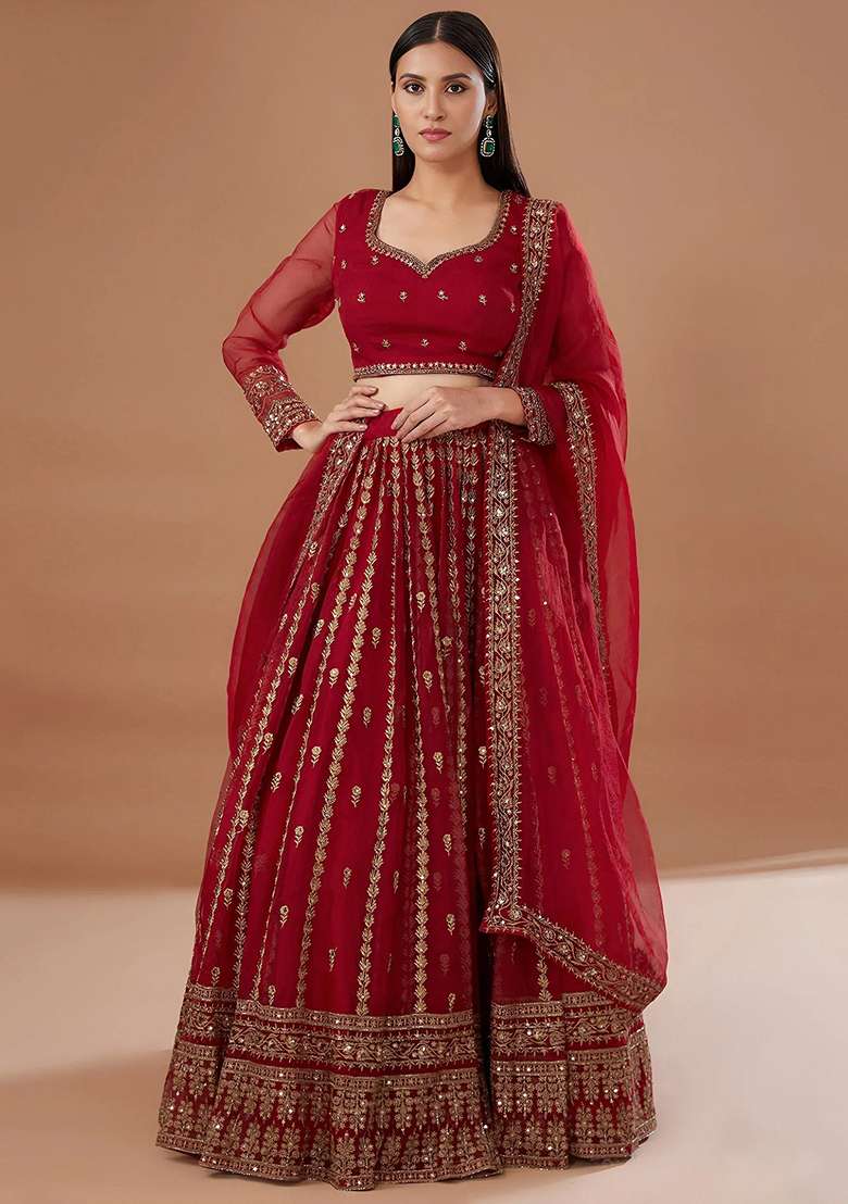 Red Embroidered Organza Lehenga Set for Diwali and Festive Wear - Indya