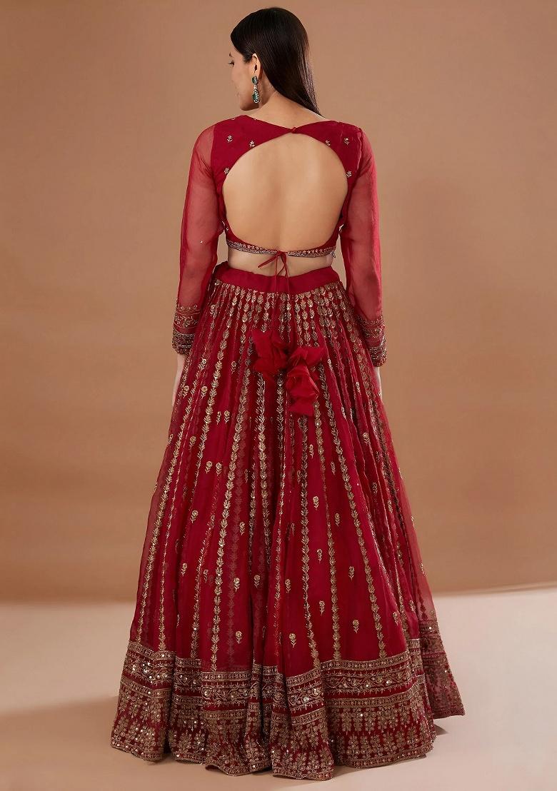 Red Embroidered Organza Lehenga Set - Indya