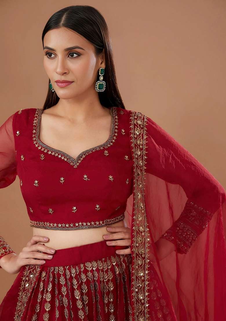 Red Embroidered Organza Lehenga Set for Diwali and Festive Wear - Indya