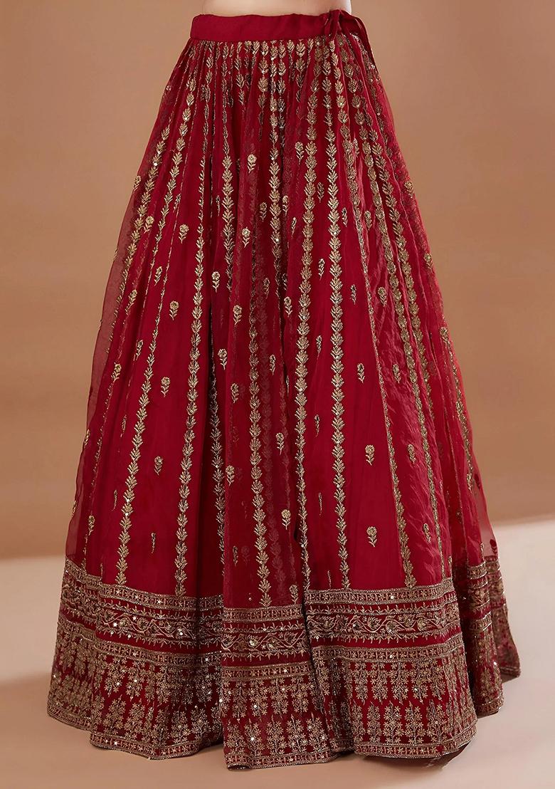 Red Embroidered Organza Lehenga Set - Indya