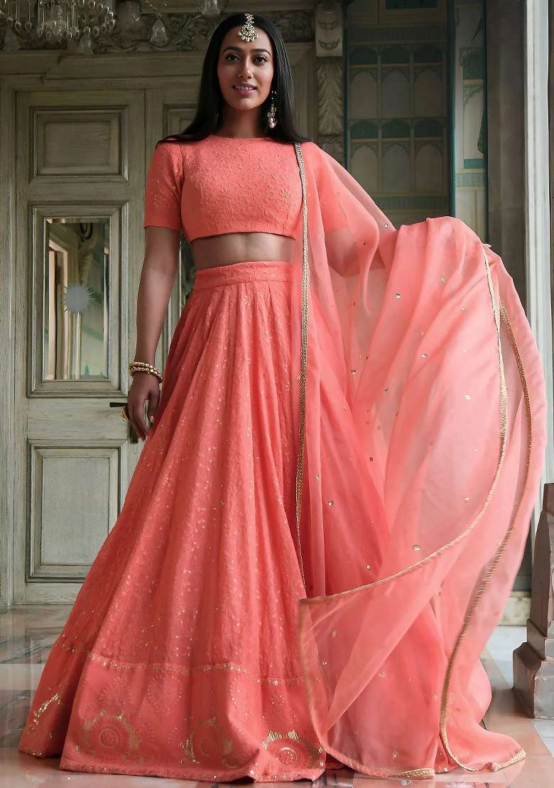 Peach Embroidered Georgette Lehenga Set - Indya