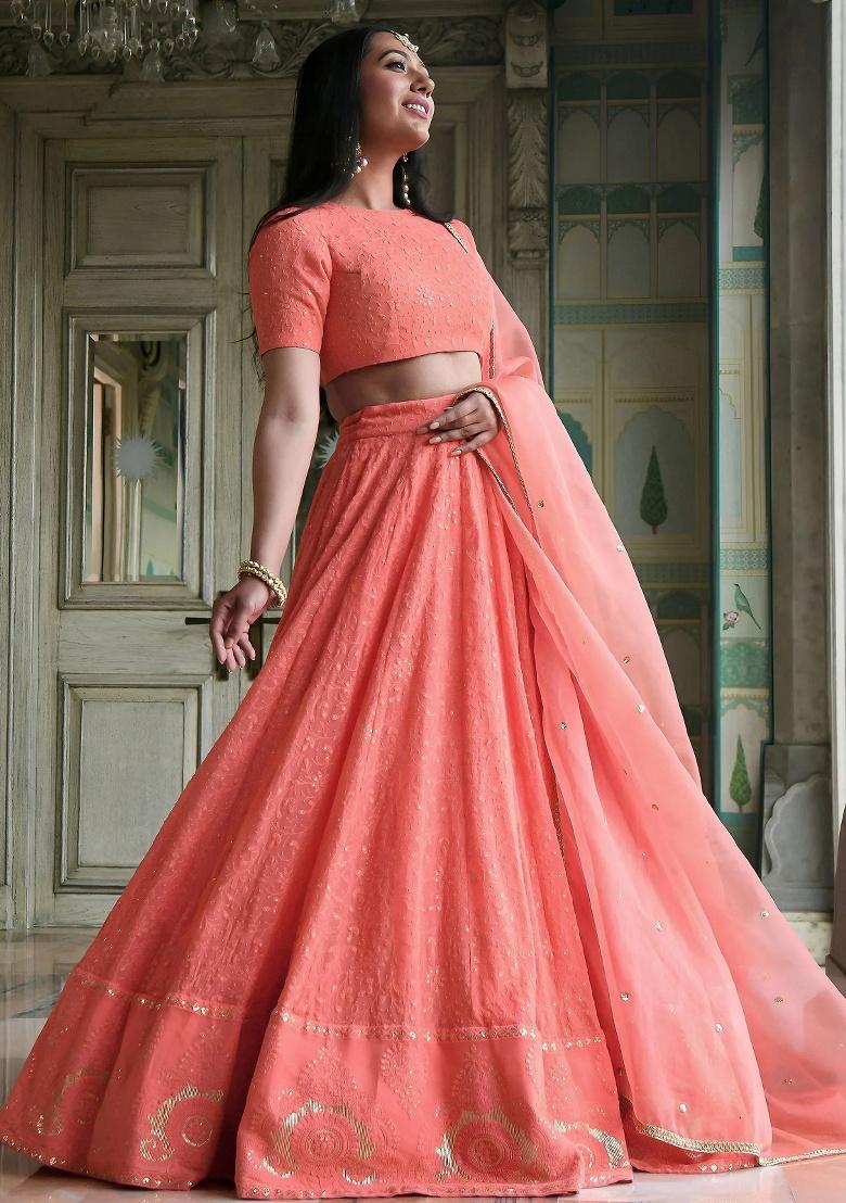 Peach Embroidered Georgette Lehenga Set - Indya