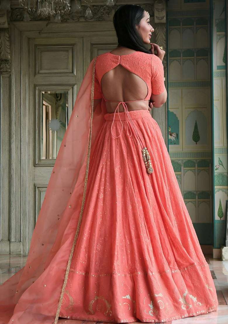 Peach Embroidered Georgette Lehenga Set - Indya