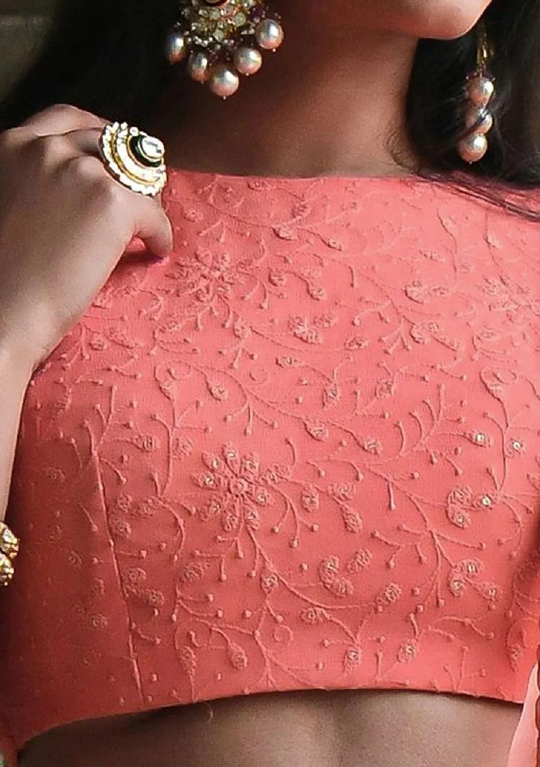 Peach Embroidered Georgette Lehenga Set - Indya