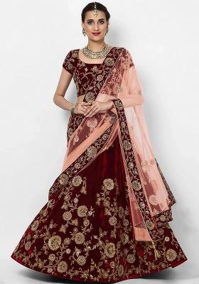 Maroon Embroidered Velvet Lehenga Set
