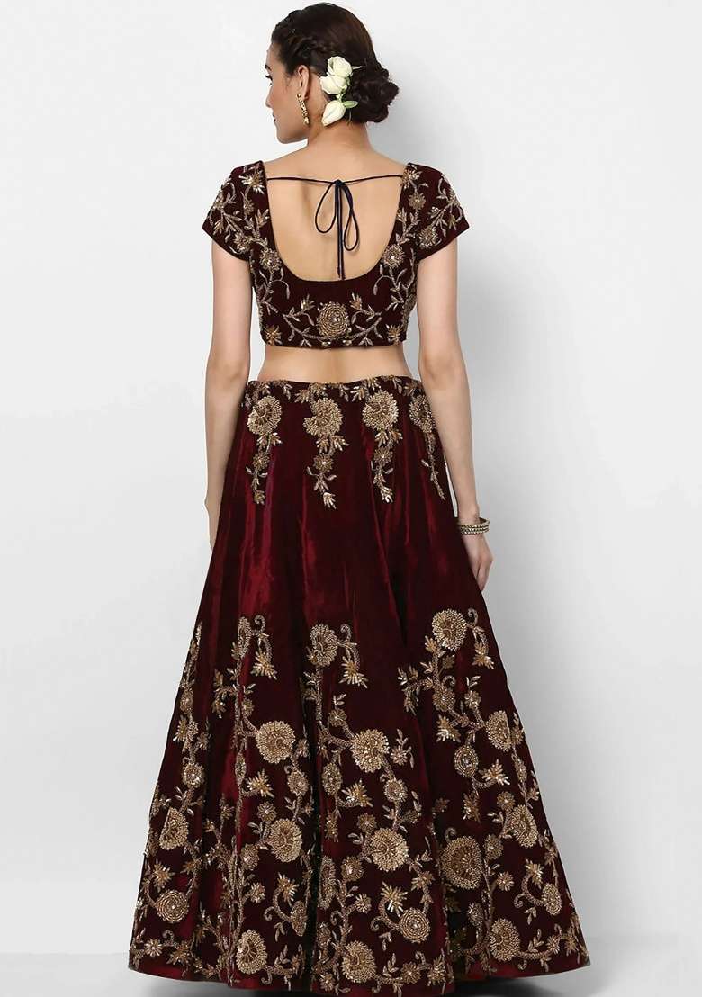 Maroon Velvet Lehenga Set with Embroidered for Diwali | Wedding & Festive Wear - Indya