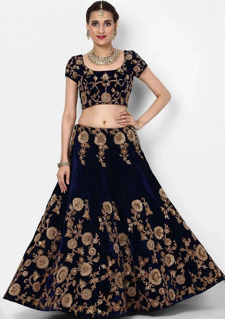 Navy Blue Velvet Lehenga Set with Embroidered for Diwali | Wedding & Festive Wear - Indya
