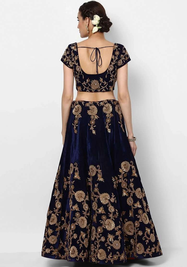 Navy Blue Velvet Lehenga Set with Embroidered for Diwali | Wedding & Festive Wear - Indya
