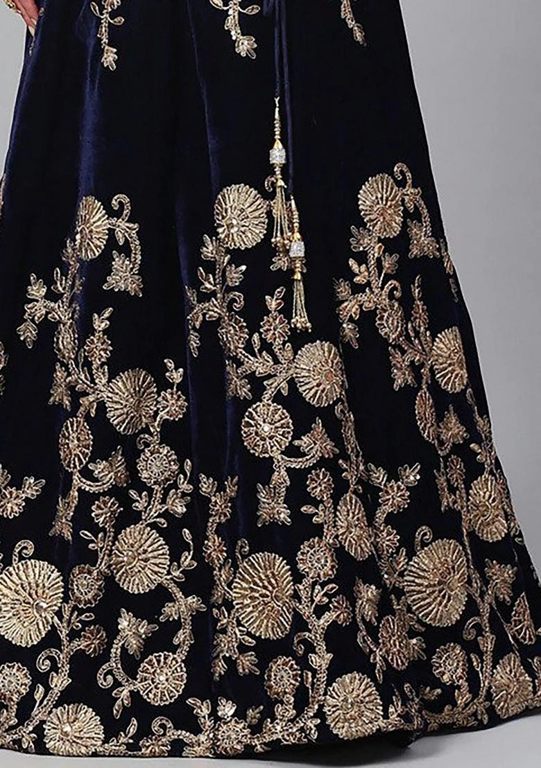 Navy Blue Embroidered Velvet Lehenga Set - Indya