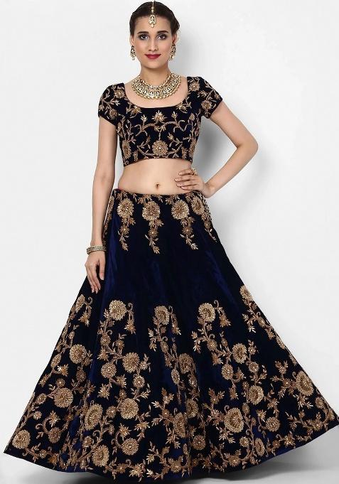 Navy Blue Embroidered Velvet Lehenga Set
