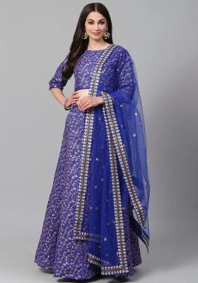 Blue Embroidered Silk Lehenga Set