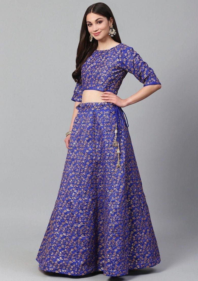 Blue Embroidered Silk Lehenga Set - Indya