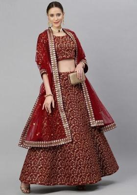 Maroon Embroidered Silk Lehenga Set