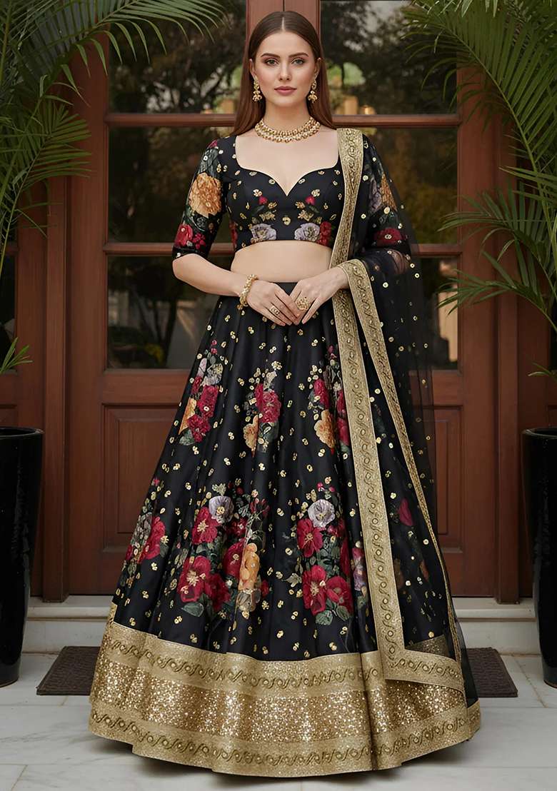 Black Silk Blend Lehenga Set with Embroidered for Diwali | Wedding & Festive Wear - Indya