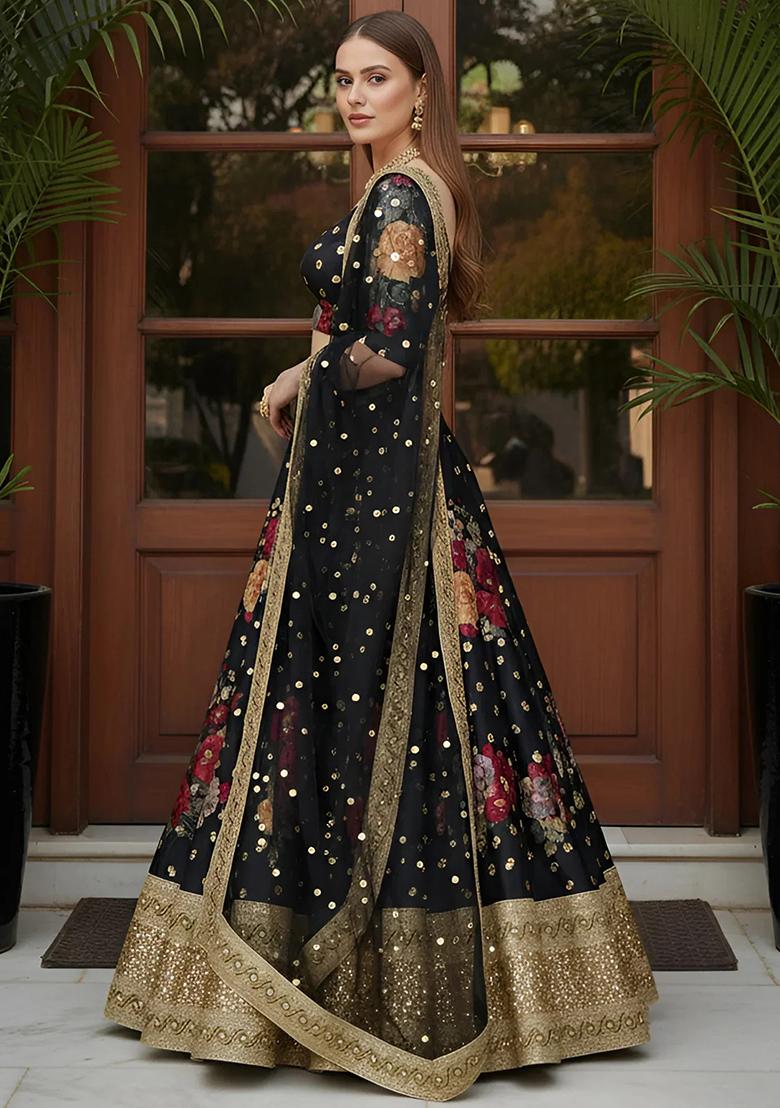 Black Embroidered Silk Lehenga Set - Indya