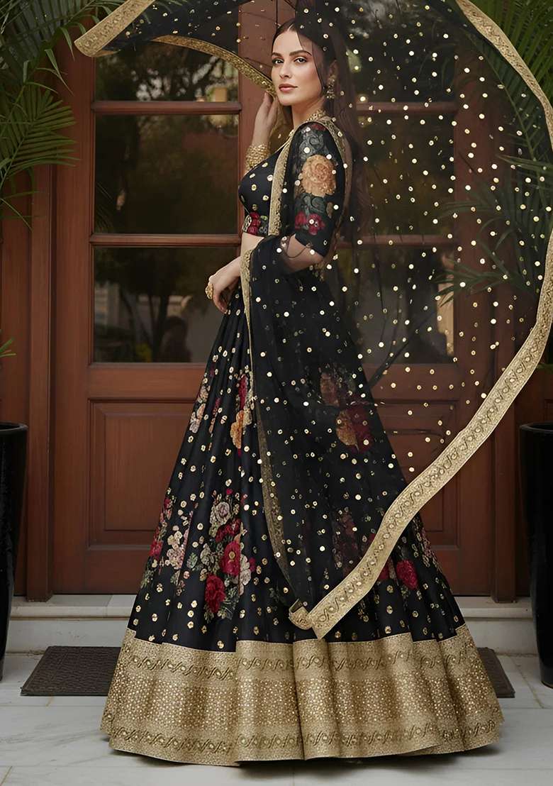 Black Silk Blend Lehenga Set with Embroidered for Diwali | Wedding & Festive Wear - Indya
