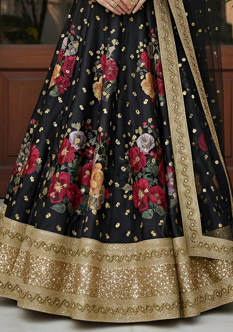 Black Embroidered Silk Lehenga Set - Indya