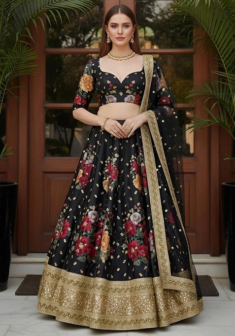 Black Embroidered Silk Lehenga Set