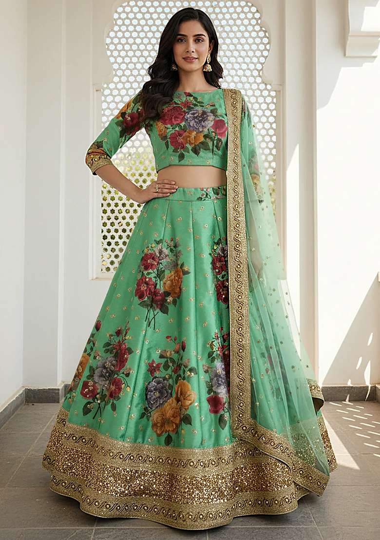 Green Silk Blend Lehenga Set with Embroidered for Diwali | Wedding & Festive Wear - Indya