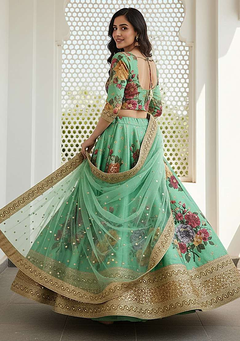 Green Silk Blend Lehenga Set with Embroidered for Diwali | Wedding & Festive Wear - Indya