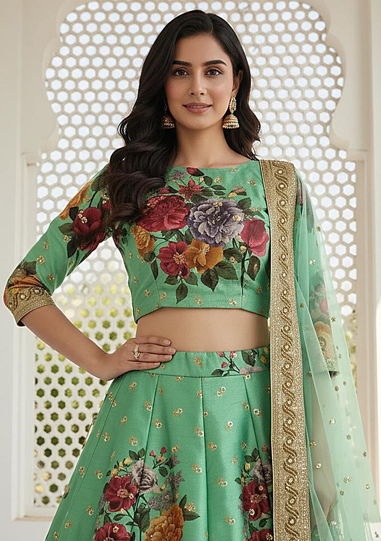 Green Embroidered Silk Lehenga Set - Indya