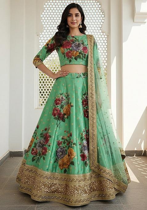 Green Embroidered Silk Lehenga Set