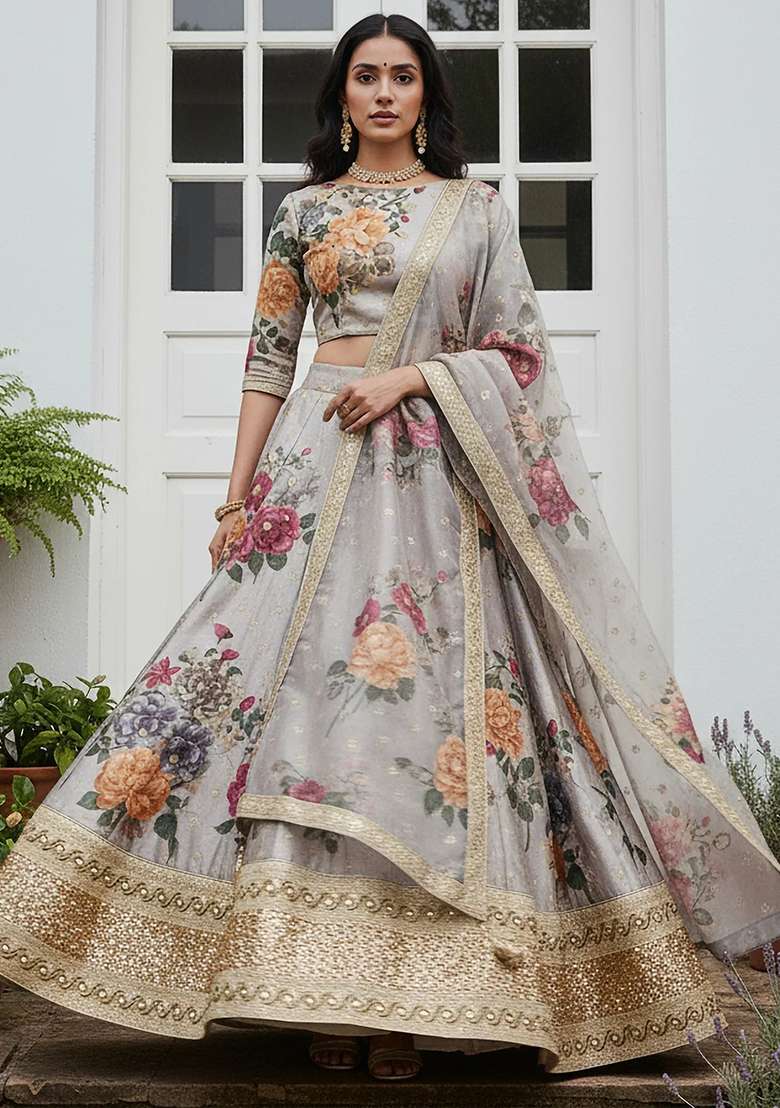 Grey Embroidered Silk Blend Lehenga Set for Diwali and Festive Wear - Indya