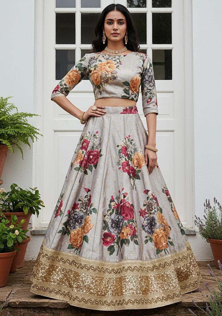 Grey Embroidered Silk Lehenga Set - Indya