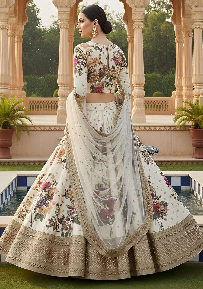 Cream Silk Blend Lehenga Set with Embroidered for Diwali | Wedding & Festive Wear - Indya