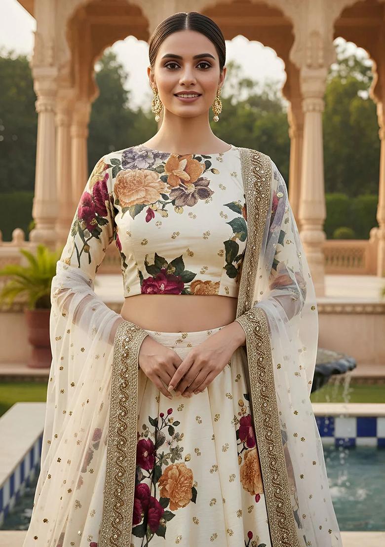 Cream Embroidered Silk Lehenga Set - Indya