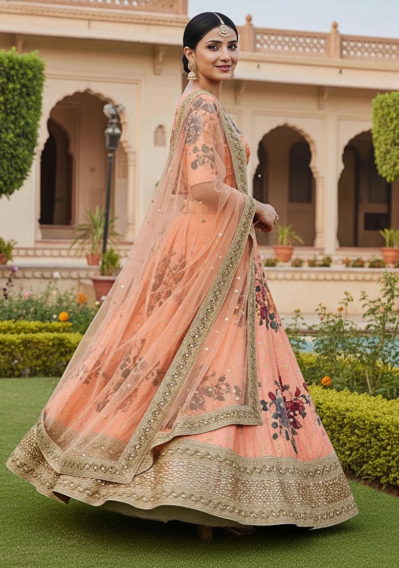 Peach Embroidered Silk Lehenga Set - Indya