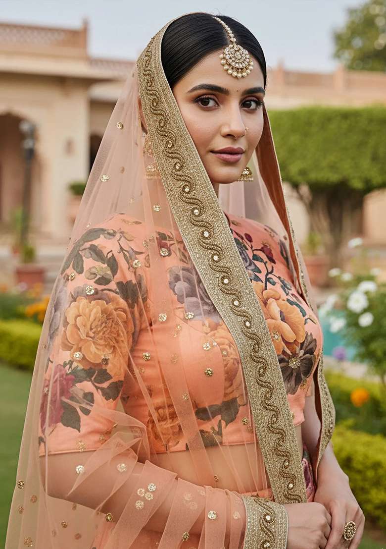 Peach Silk Blend Lehenga Set with Embroidered for Diwali | Wedding & Festive Wear - Indya