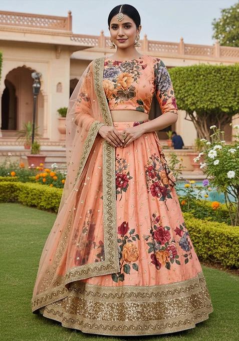 Peach Embroidered Silk Lehenga Set
