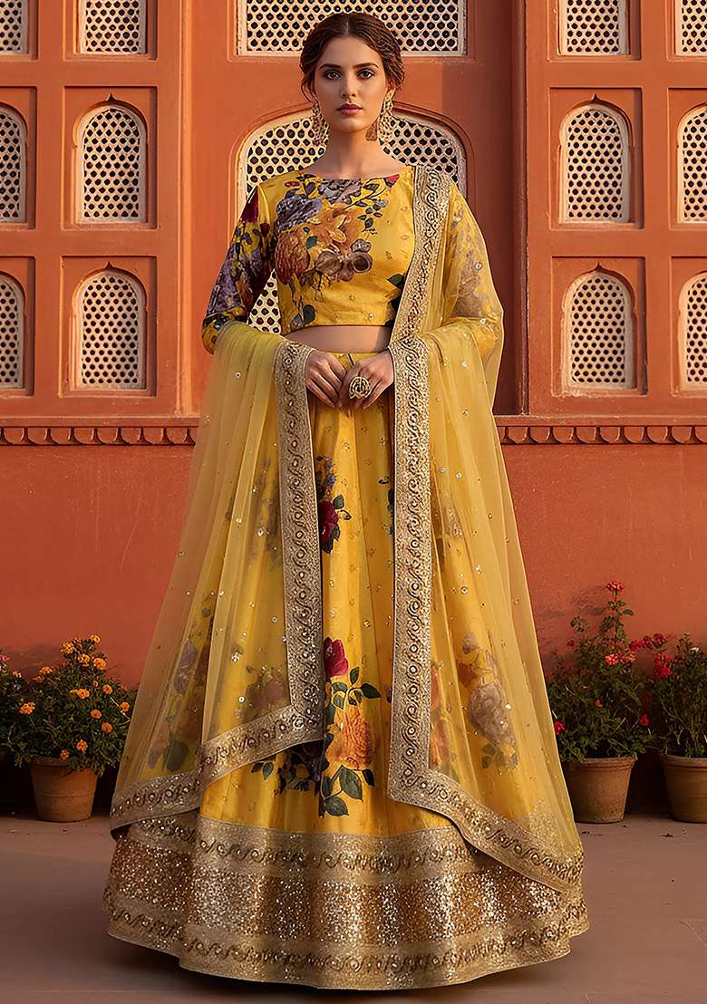 Yellow Embroidered Silk Blend Lehenga Set for Diwali and Festive Wear - Indya