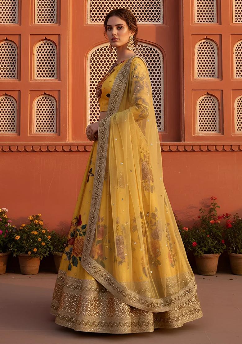 Yellow Embroidered Silk Lehenga Set - Indya