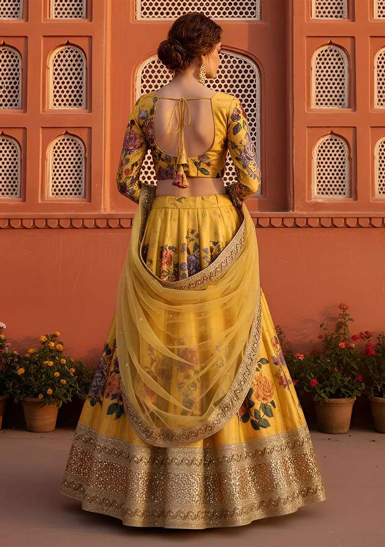 Yellow Embroidered Silk Blend Lehenga Set for Diwali and Festive Wear - Indya