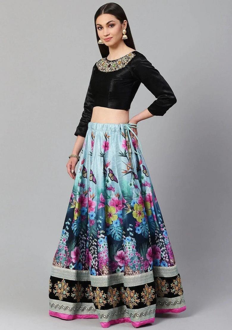 Blue Embroidered Silk Lehenga Set - Indya