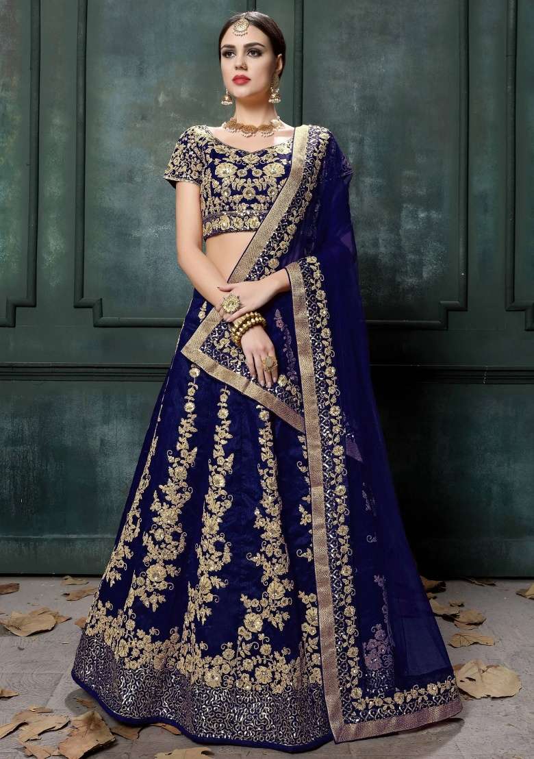 Navy Blue Embroidered Silk Blend Lehenga Set for Diwali and Festive Wear - Indya