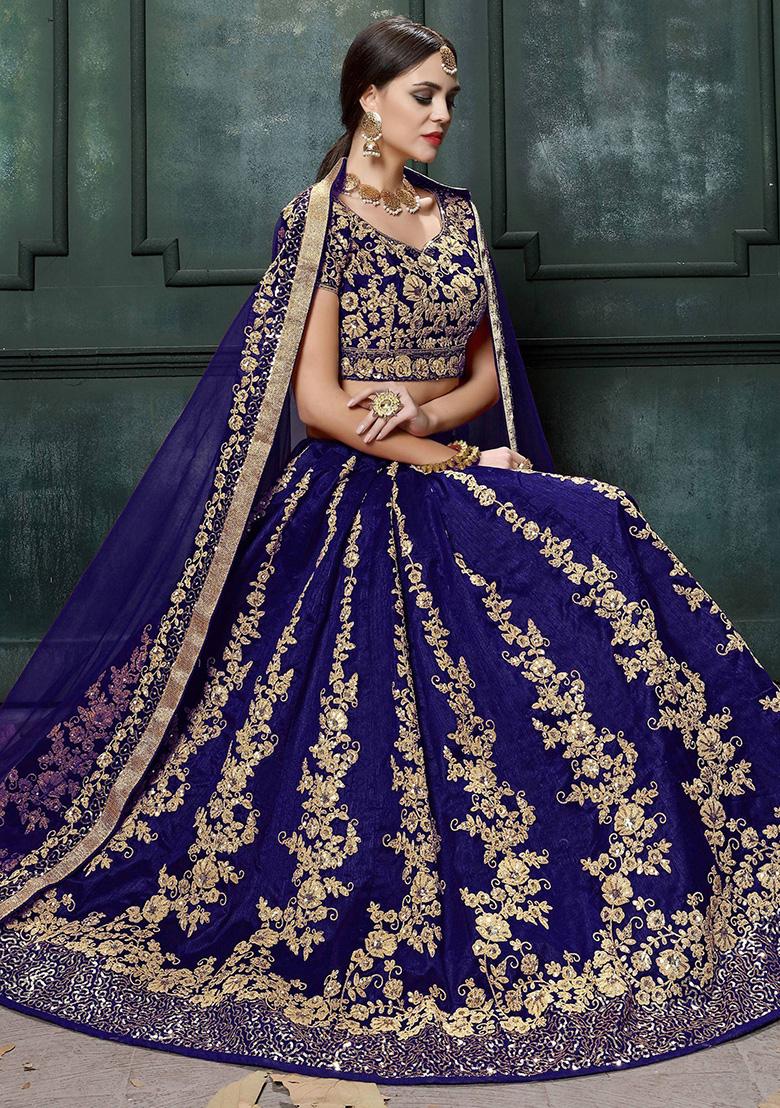 Navy Blue Embroidered Silk Lehenga Set - Indya