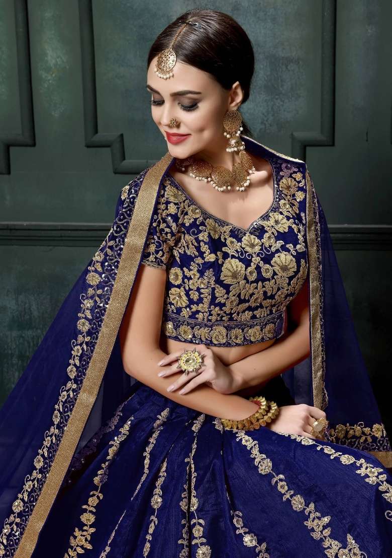 Navy Blue Embroidered Silk Blend Lehenga Set for Diwali and Festive Wear - Indya