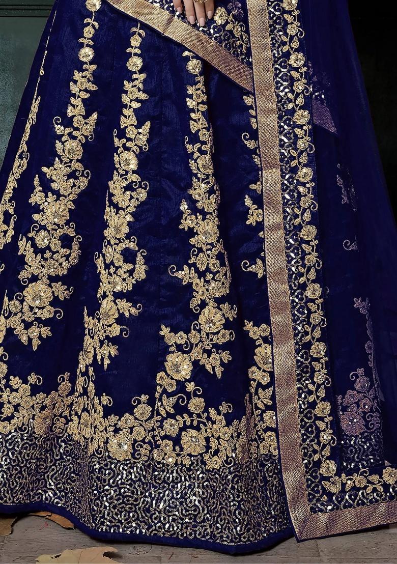 Navy Blue Embroidered Silk Lehenga Set - Indya