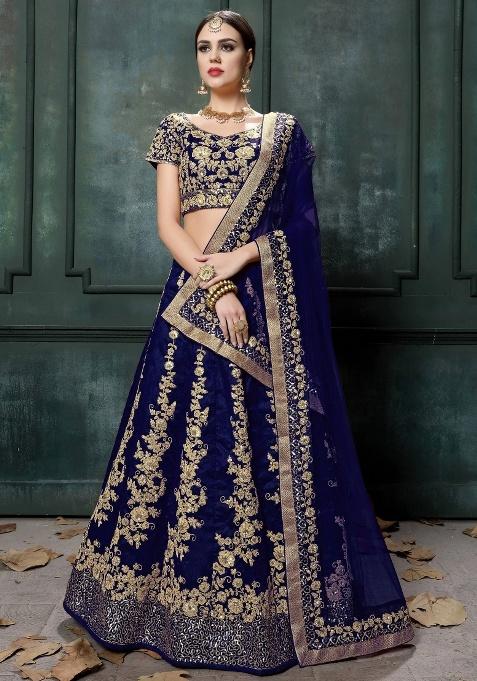Navy Blue Embroidered Silk Lehenga Set