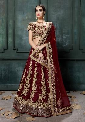 Maroon Embroidered Silk Lehenga Set