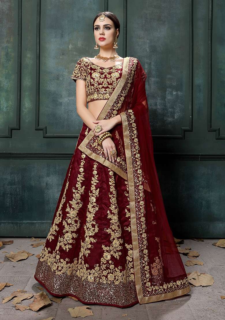Maroon Silk Blend Lehenga Set with Embroidered for Diwali | Wedding & Festive Wear - Indya
