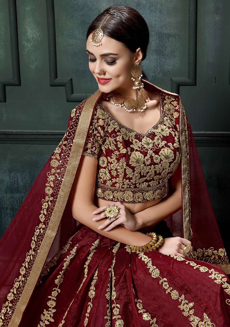 Maroon Silk Blend Lehenga Set with Embroidered for Diwali | Wedding & Festive Wear - Indya